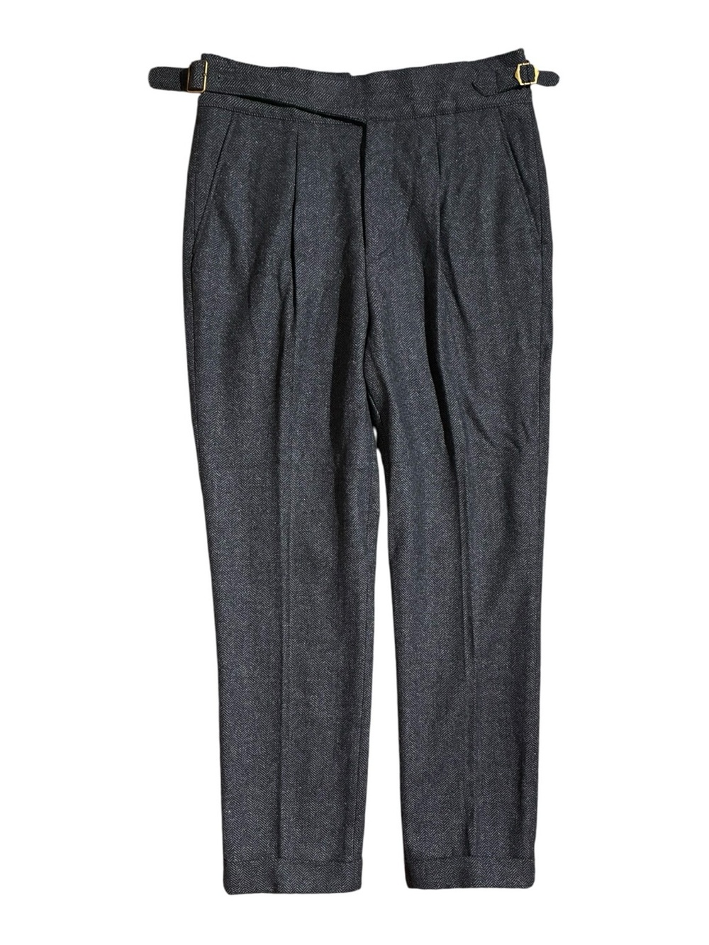 Wool Herringbone Gurkha Pleated Tapered Trouser Pants Gray